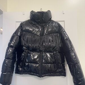 NWT The Upside Black Puffer Jacket with Fringe Detail